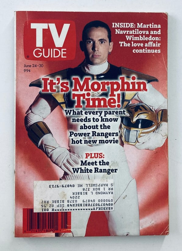 Cover of TV Guide Magazine from June 24, 1995, featuring Jason David Frank as the White Ranger with the text 'It's Morphin Time!' highlighting the Power Rangers. This collectible issue showcases vintage television memorabilia and pop culture from the 1990s.
