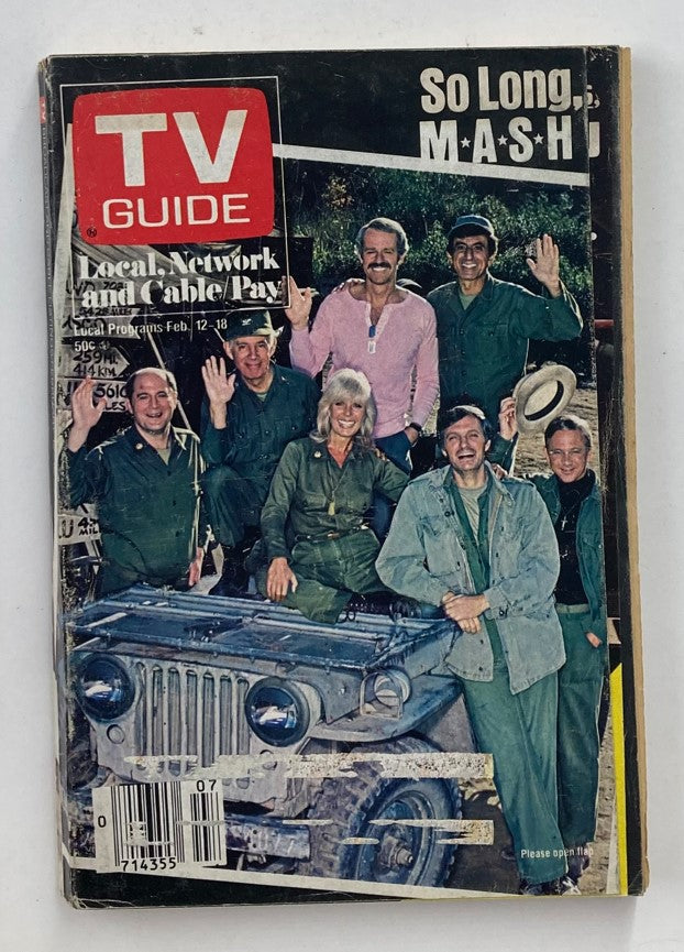 Cover of TV Guide Magazine February 12, 1983, featuring M*A*S*H Farewell Hartford-New Haven Edition, showcasing the cast gathered around a jeep, celebrating the show's legacy with the text 'So Long, M*A*S*H' prominently displayed.