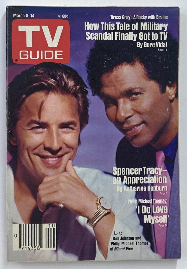TV Guide Magazine March 8 1986 featuring Don Johnson and Philip Michael Thomas on the cover, highlighting classic television nostalgia from the 1980s, and promoting articles related to popular shows.
