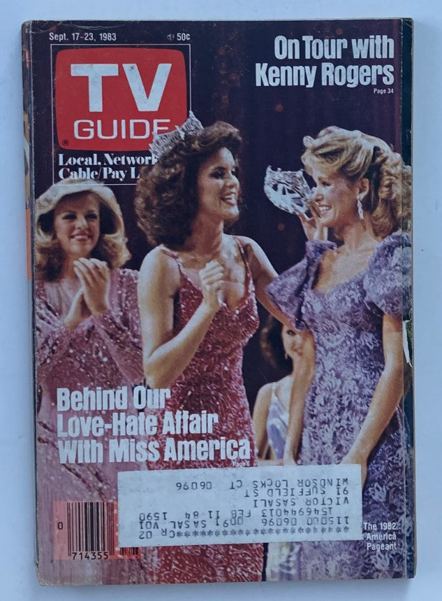 TV Guide Magazine from September 17, 1983 featuring Kenny Rogers on tour, showcasing a cover with glamorous women in evening gowns and a headline about Miss America.