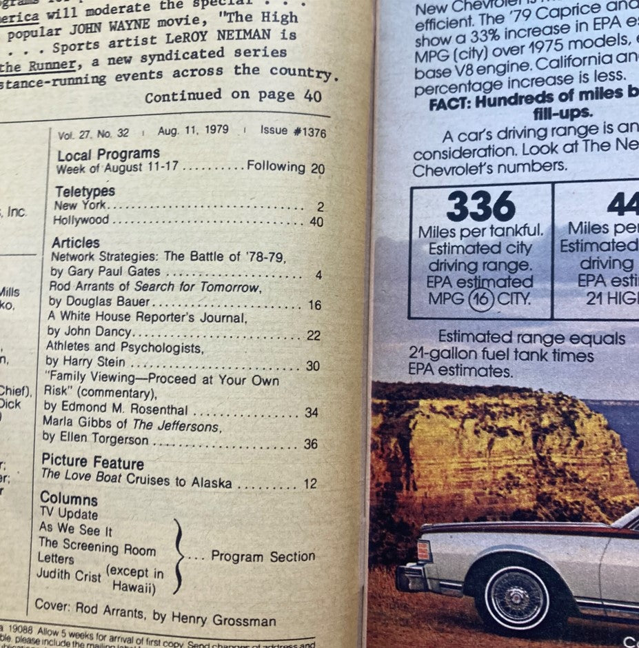 Inside page of TV Guide Magazine August 11 1979 Issue #1376, detailing local programs and articles including features on Rod Arrants.