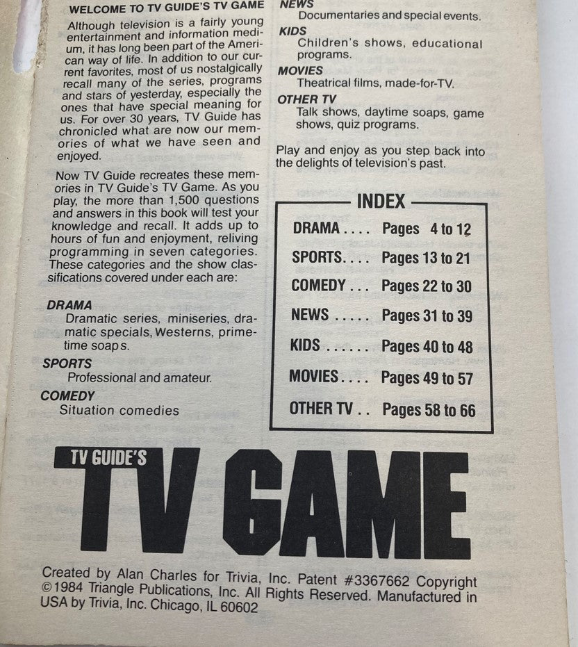 Inside page of TV Guide's TV Game from 1984, detailing various categories of television shows, reflecting on American TV culture.