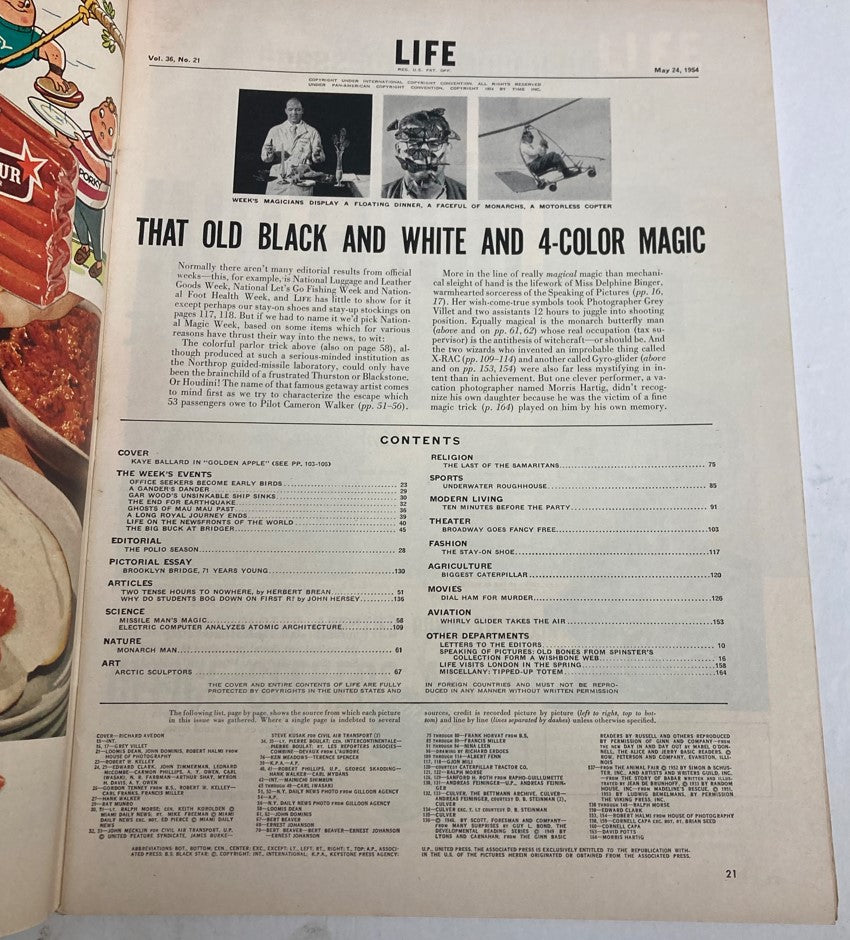 Interior page from VTG Life Magazine May 24 1954 Vol 36 No. 21 featuring articles and content details about magicians and cultural events of the 1950s.