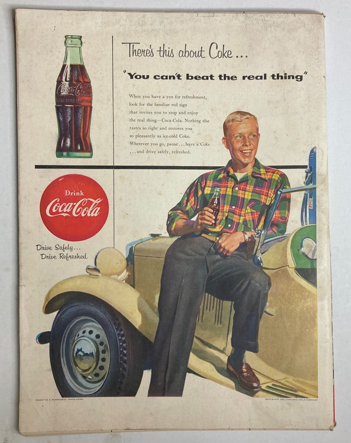 Back cover of VTG Life Magazine May 24 1954 Vol 36 No. 21 showcasing a Coca-Cola advertisement with a smiling boy holding a bottle of Coke.