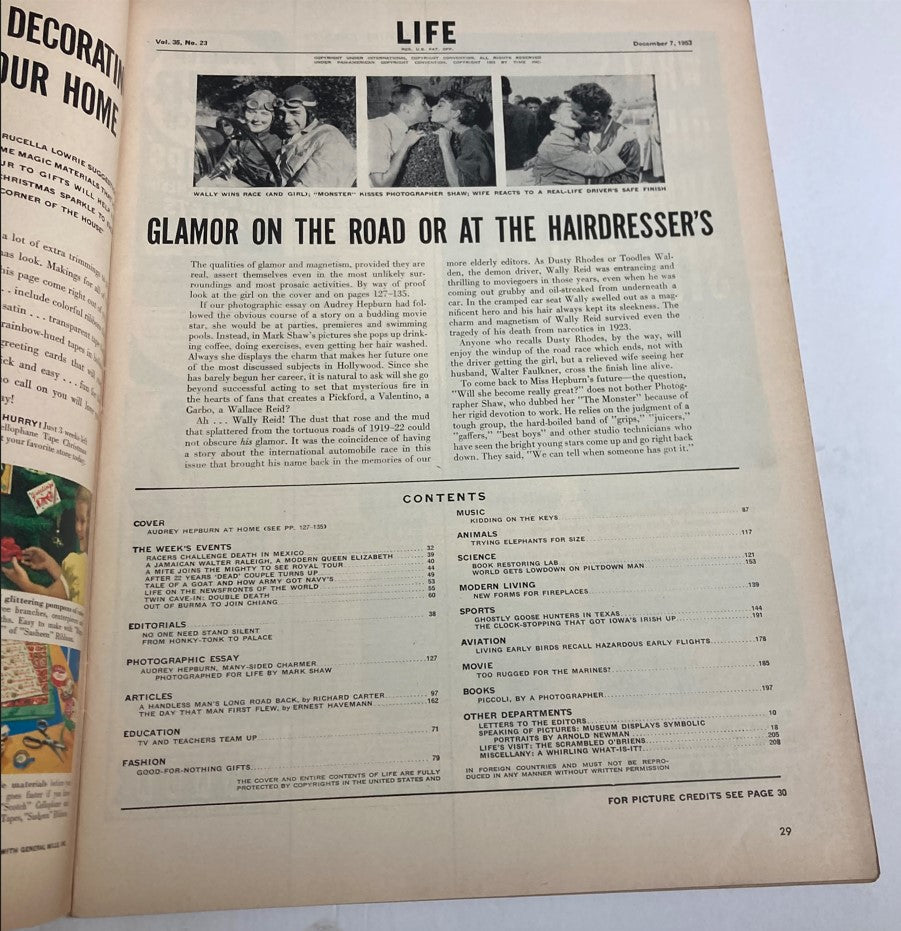 Interior page of Life Magazine dated December 7, 1953, featuring contents and articles, with the title VTG Life Magazine December 7 1953 Miss Audrey Hepburn at Home.