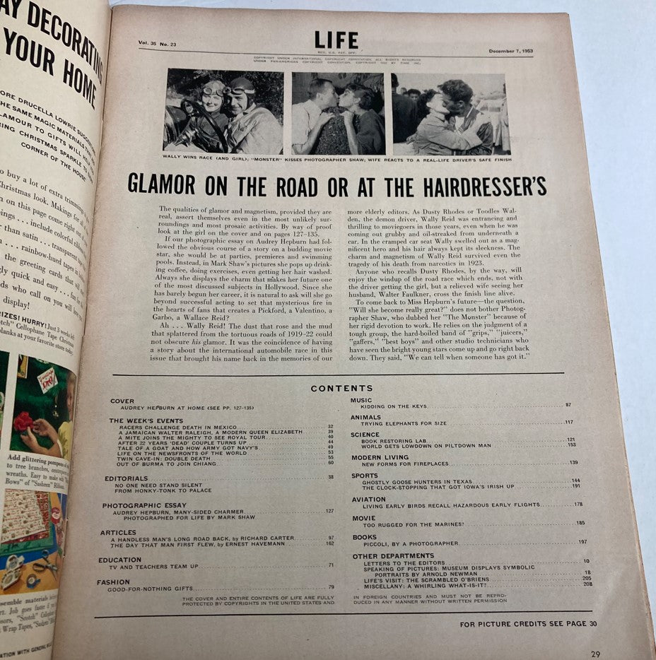 Inside page of the December 7, 1953 Life Magazine featuring articles and content overview, highlighting Audrey Hepburn at home.