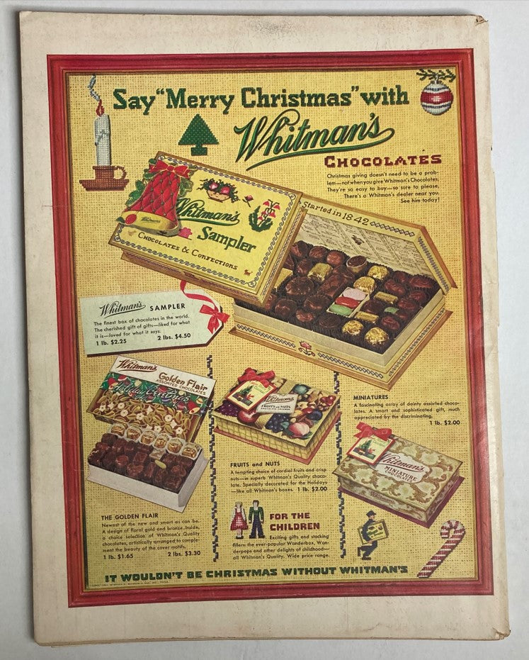 Back cover of the December 7, 1953 Life Magazine advertising Whitman's chocolates, capturing the nostalgic 1950s holiday spirit.