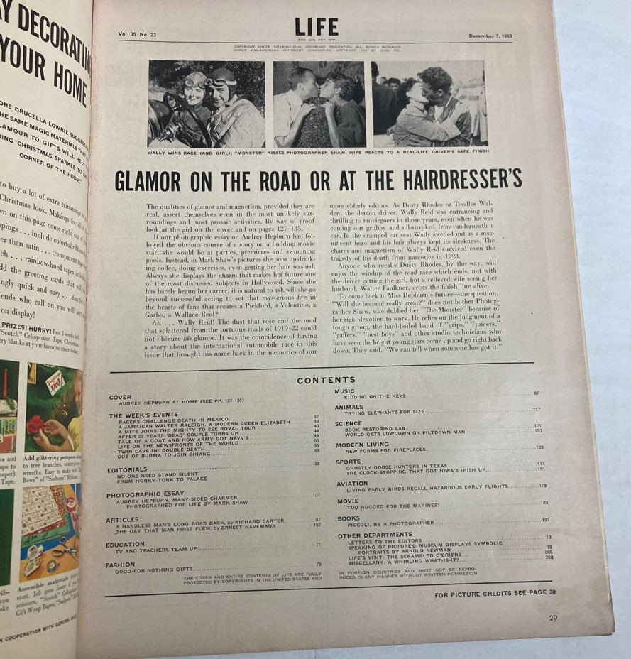 Interior page of VTG Life Magazine December 7 1953 featuring articles and photographs, including the editorial on glamour and a contents section.