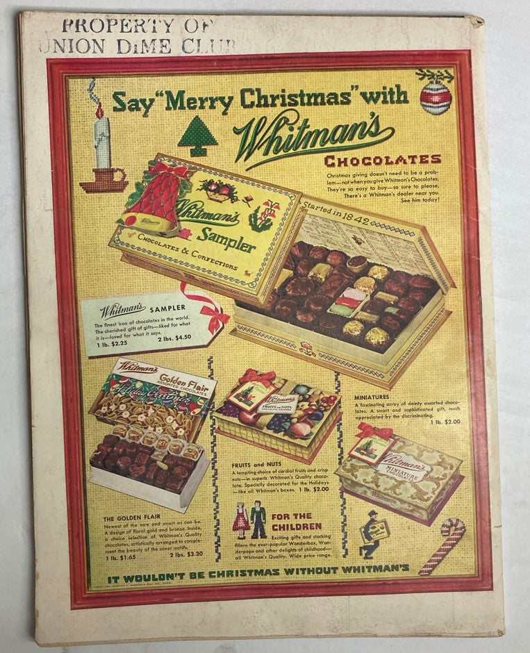 VTG Life Magazine December 7 1953 featuring a vintage advertisement for Whitman's Chocolates. This colorful ad showcases various chocolate assortments, including Whitman's Sampler, Golden Flair, and holiday options, emphasizing the festive theme.