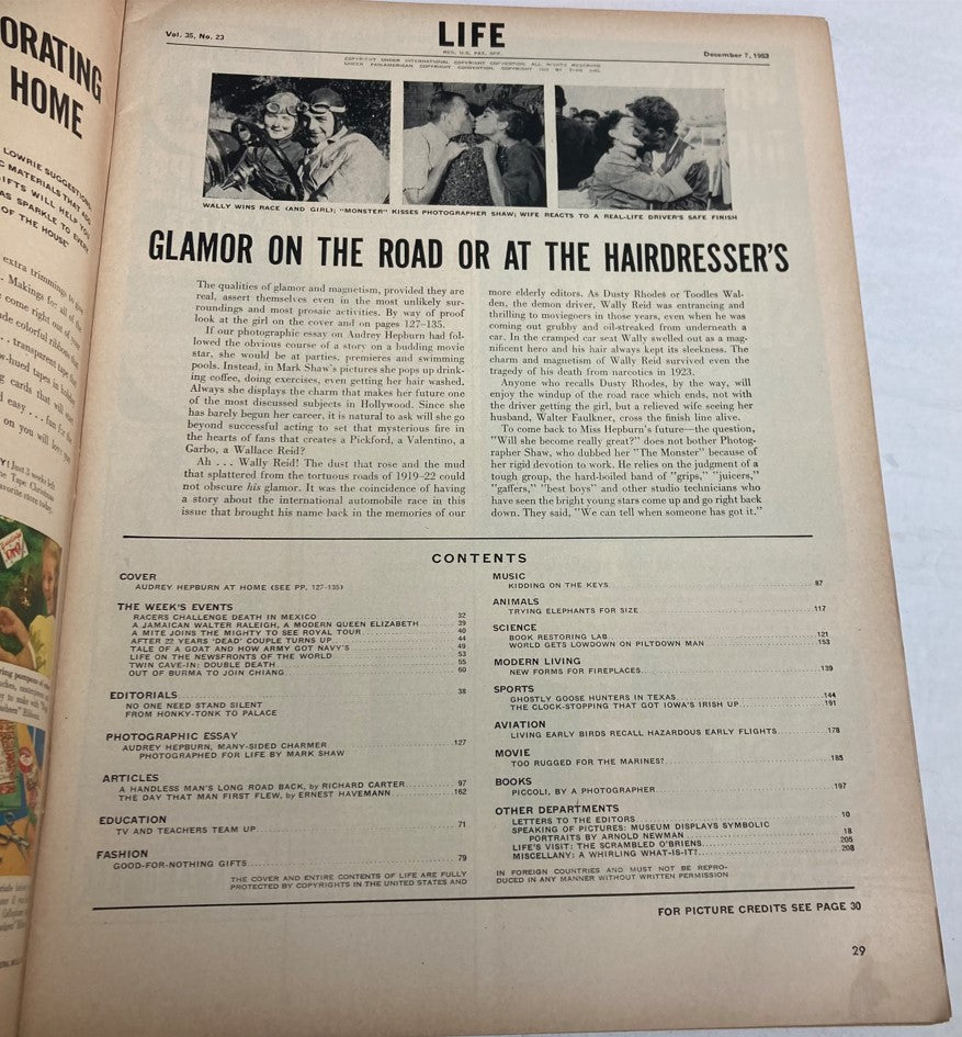 Interior page of VTG Life Magazine December 7 1953 featuring the article about Audrey Hepburn's charm, showcasing contents and an editorial section.