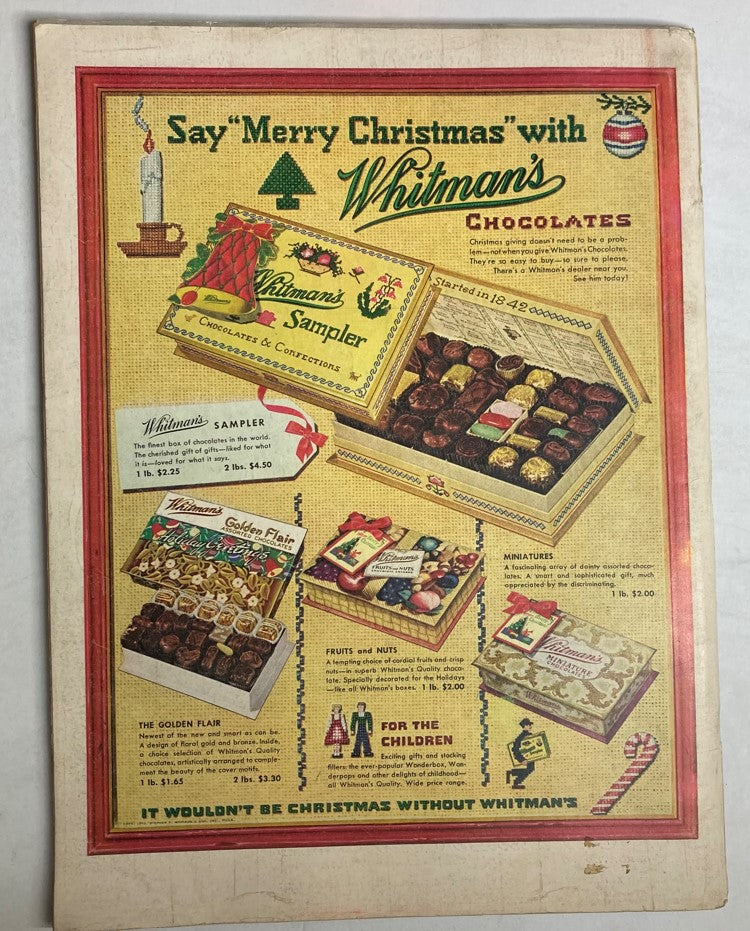 Vintage Whitman's Chocolates advertisement showcasing holiday gift options including the Whitman's Sampler, Golden Flair, and Miniatures, with Christmas themes and price listings. This image relates to the VTG Life Magazine December 7 1953 featuring Audrey Hepburn.