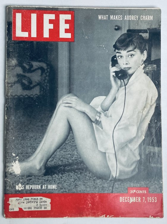 Cover of VTG Life Magazine December 7 1953 Vol 35 No. 23 featuring Audrey Hepburn at her home, showcasing her charm and elegance.