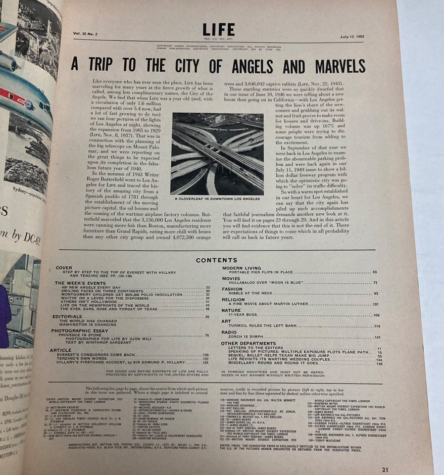 Vintage Life Magazine July 13, 1953 featuring articles and content including Edmund Hillary's ascent of Mount Everest and a perspective on Los Angeles. Pages capturing historical significance and exploration.