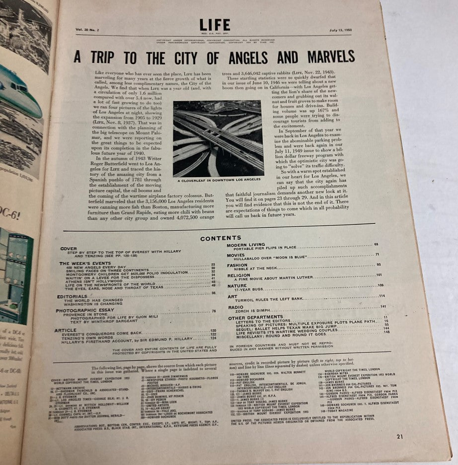 Interior page of VTG Life Magazine July 13 1953 featuring a feature article titled 'A Trip to the City of Angels and Marvels' with a photo of downtown Los Angeles.