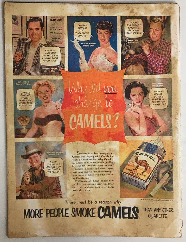 Back cover of VTG Life Magazine July 13 1953 showcasing an advertisement for Camel cigarettes featuring various movie stars.