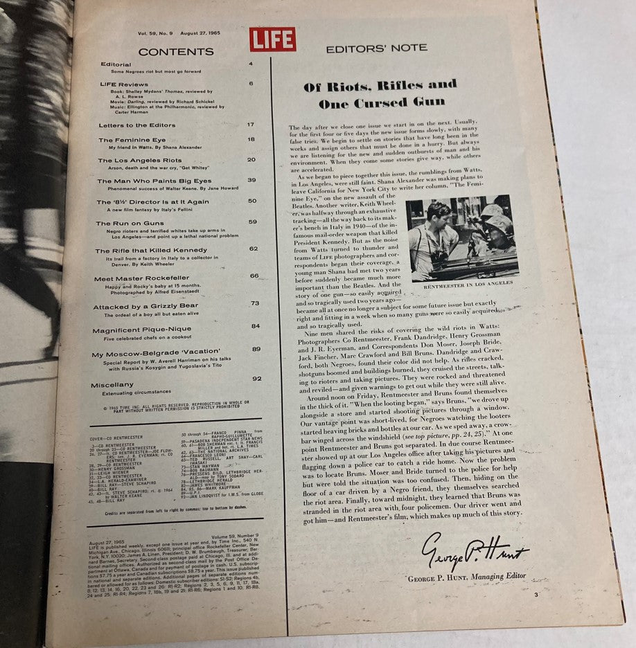 Contents page of VTG Life Magazine August 27, 1965 listing key articles including 'Of Riots, Rifles and One Cursed Gun', providing an overview of the magazine's focus on significant events of the era.