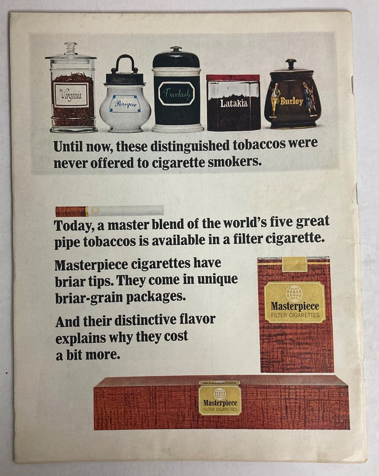 Advertisement from the back page of VTG Life Magazine August 27, 1965 promoting 'Masterpiece Filter Cigarettes' featuring a collection of tobacco jars, emphasizing the unique blend and packaging.