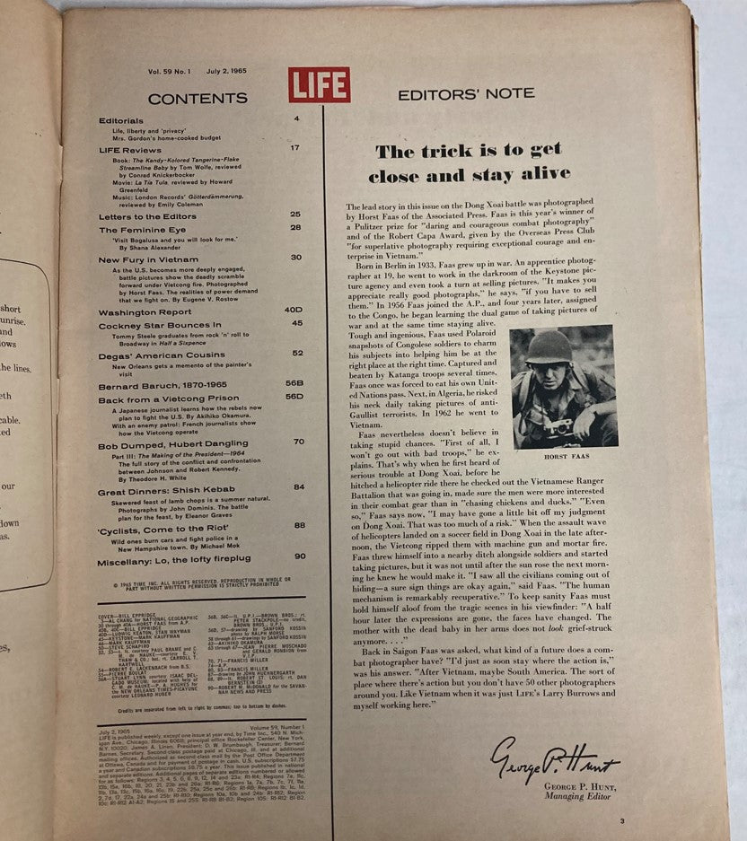 Contents page of VTG Life Magazine July 2, 1965, indicating articles including 'The trick is to get close and stay alive', related to Vietnam War coverage.