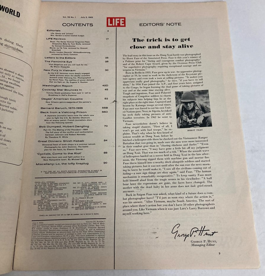 Contents page of the VTG Life Magazine July 2, 1965, featuring an editorial note about wartime photography and articles related to the Vietnam War. This page provides insights into the coverage in this vintage publication.