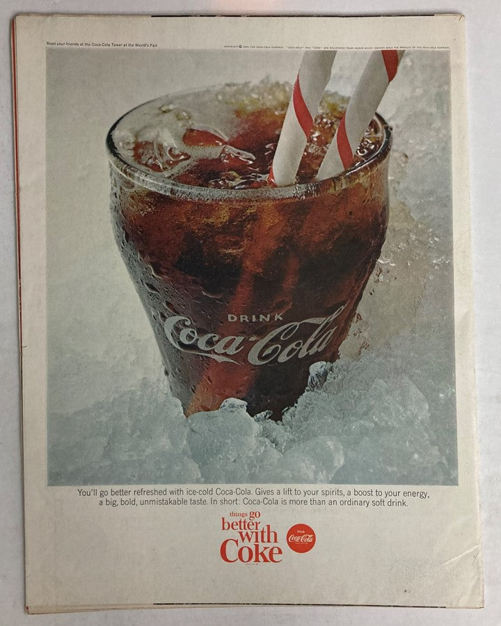 Vintage Life Magazine cover from July 2, 1965, featuring an advertisement for Coca-Cola with a glass of ice-cold Coke and striped straws, showcasing the tagline 'things go better with Coke'.
