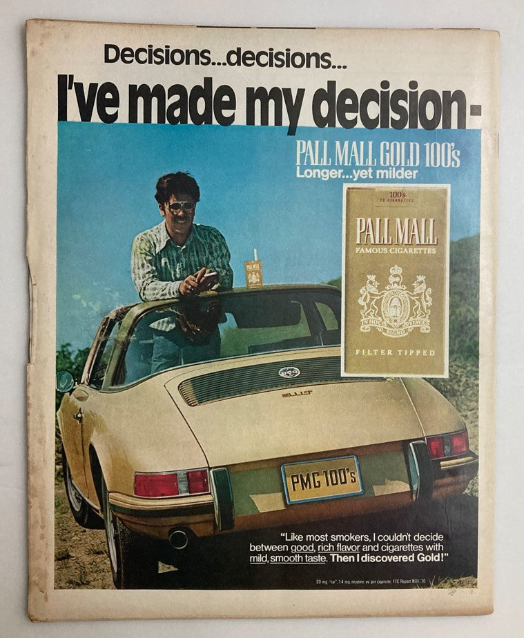 Life Magazine October 15 1971 advertisement page for Pall Mall Gold 100's cigarettes, featuring a man by a car.