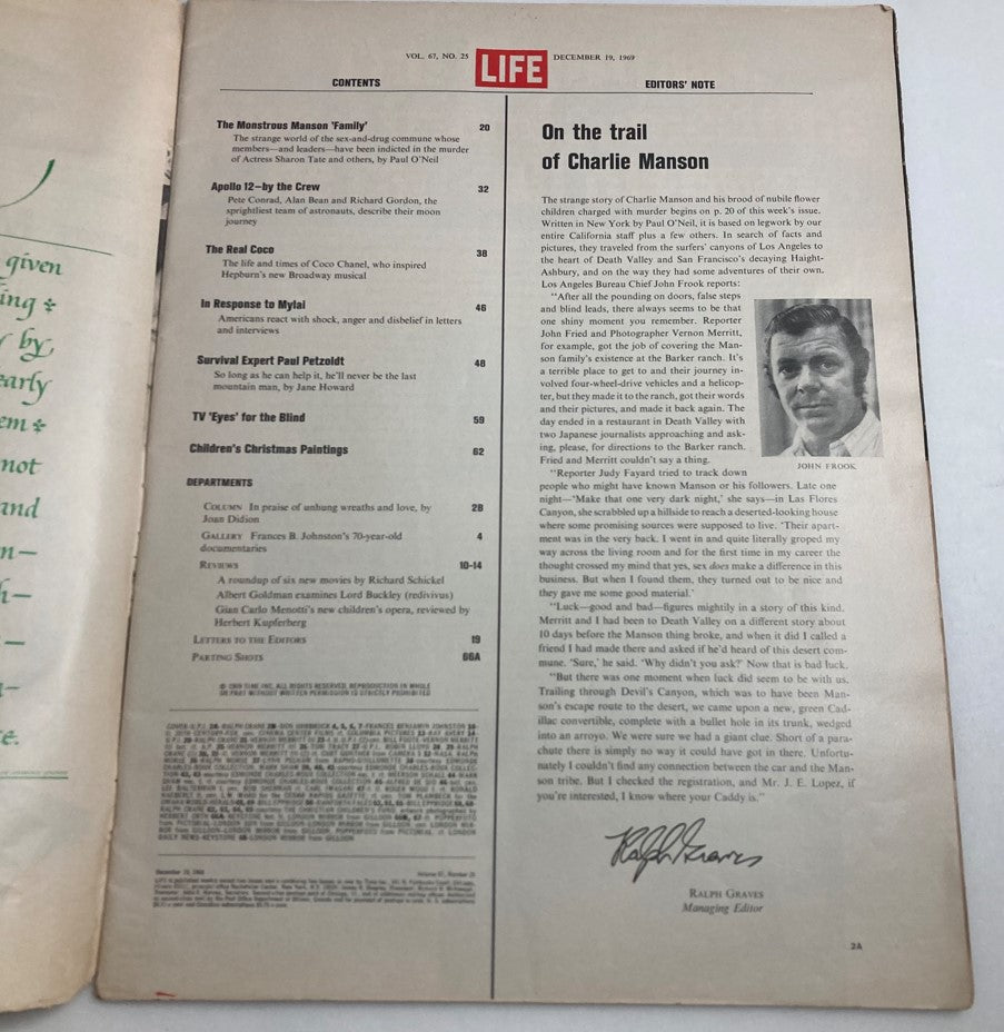 Inside page of VTG Life Magazine December 19 1969, displaying the table of contents and an editorial note related to Charlie Manson.