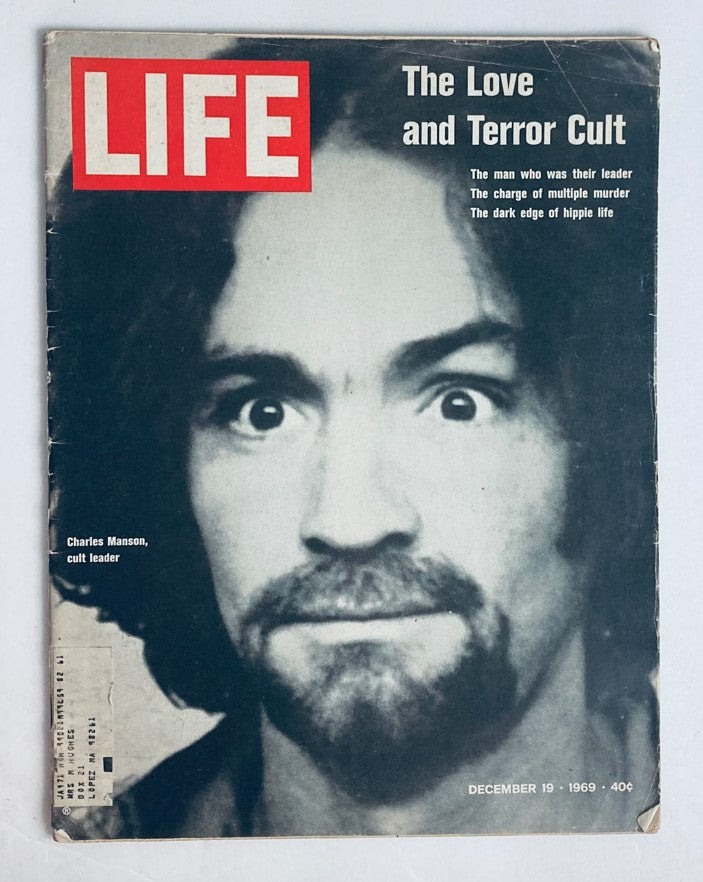 Vintage Life Magazine cover from December 19, 1969 featuring Charles Manson, cult leader, with a striking photograph and headline about the Love and Terror Cult.