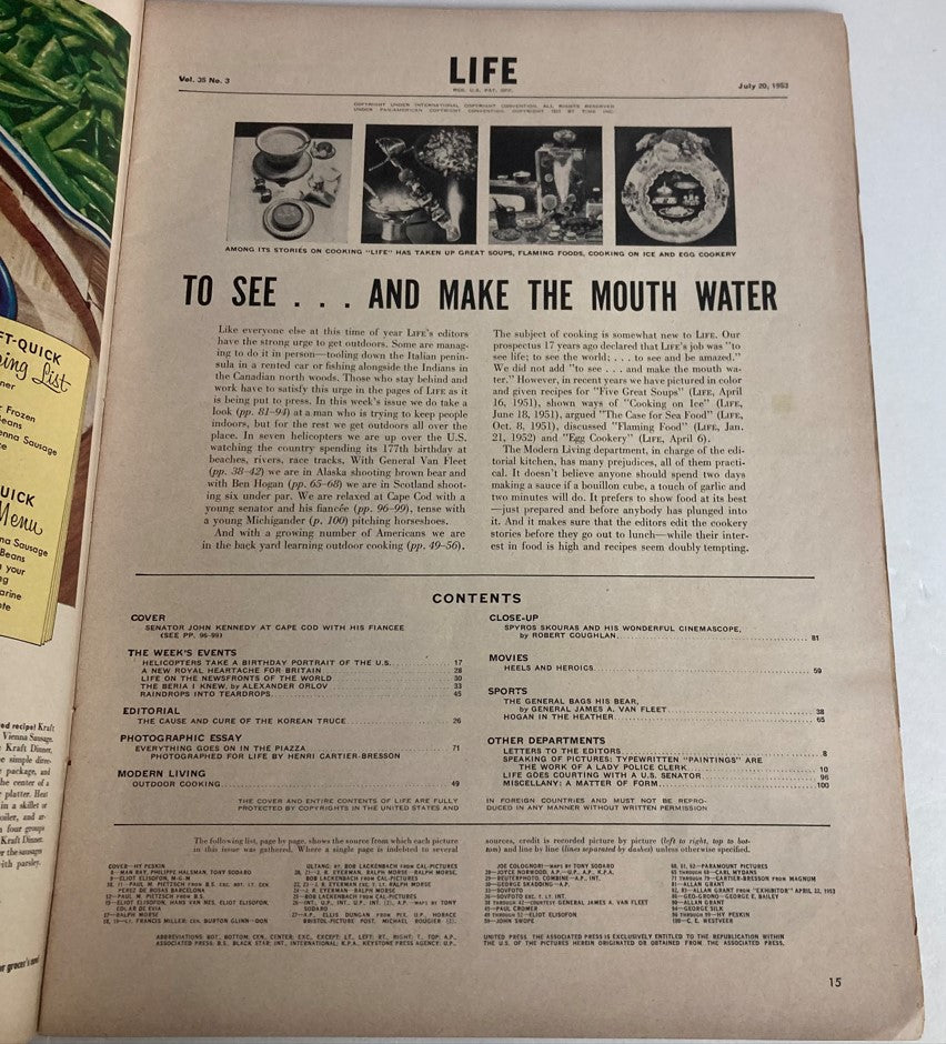 Interior page of VTG Life Magazine July 20 1953, illustrating the magazine's contents and topics, including outdoor cooking and Senator Kennedy.