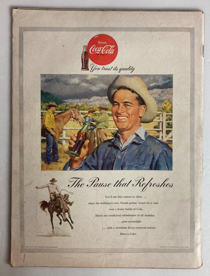 Back cover of VTG Life Magazine July 20 1953, featuring a vintage Coca-Cola advertisement with a cowboy enjoying a Coke.