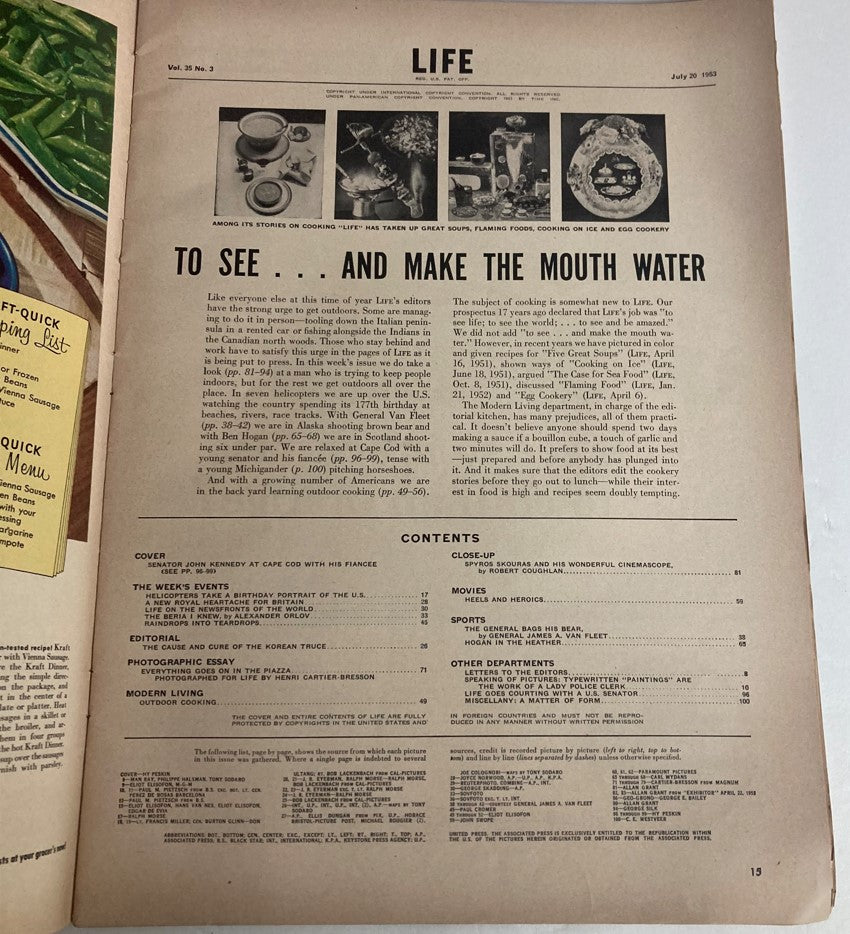 Interior page from VTG Life Magazine July 20 1953 featuring contents and editorial details, including John Kennedy at Cape Cod with fiancée.