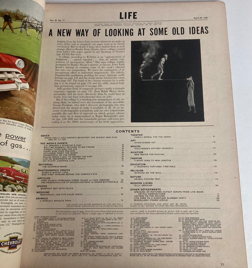 Interior page of VTG Life Magazine April 26 1954, showcasing articles and features including Grace Kelly.