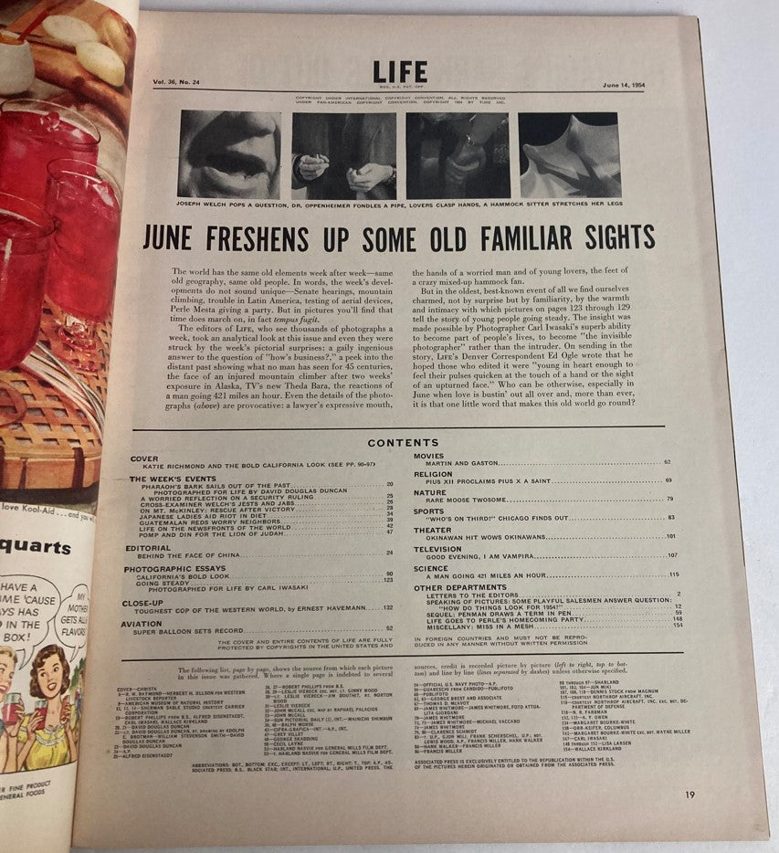 Inside page of VTG Life Magazine June 14, 1954, Vol 36 No. 24, showing content and articles including 'June Freshens Up Some Old Familiar Sights' and photography essays.