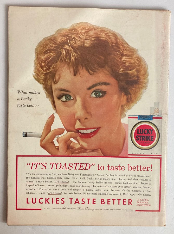 Back cover of VTG Life Magazine June 14, 1954, Vol 36 No. 24, featuring a vintage advertisement for Lucky Strike cigarettes with a woman promoting its flavor.