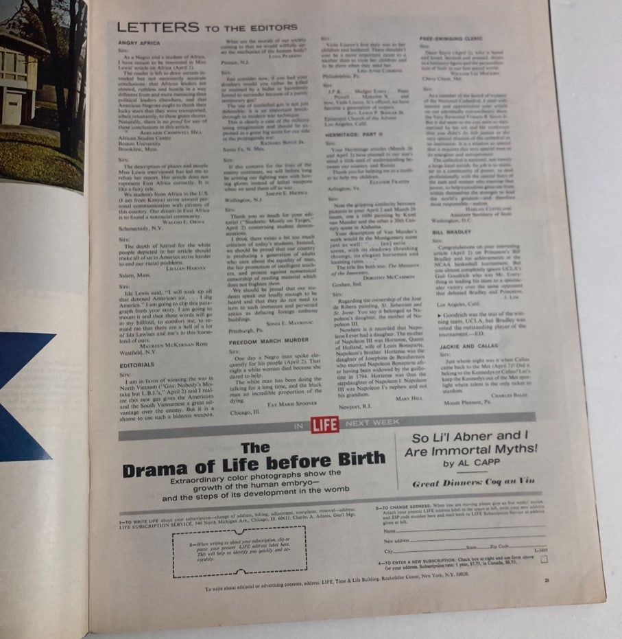Interior page of VTG Life Magazine April 23, 1965 showing the 'Letters to the Editors' section.