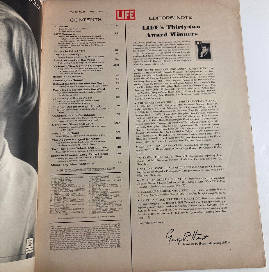 Contents page of VTG Life Magazine May 7, 1965, detailing articles including John Wayne's return post-cancer treatment.