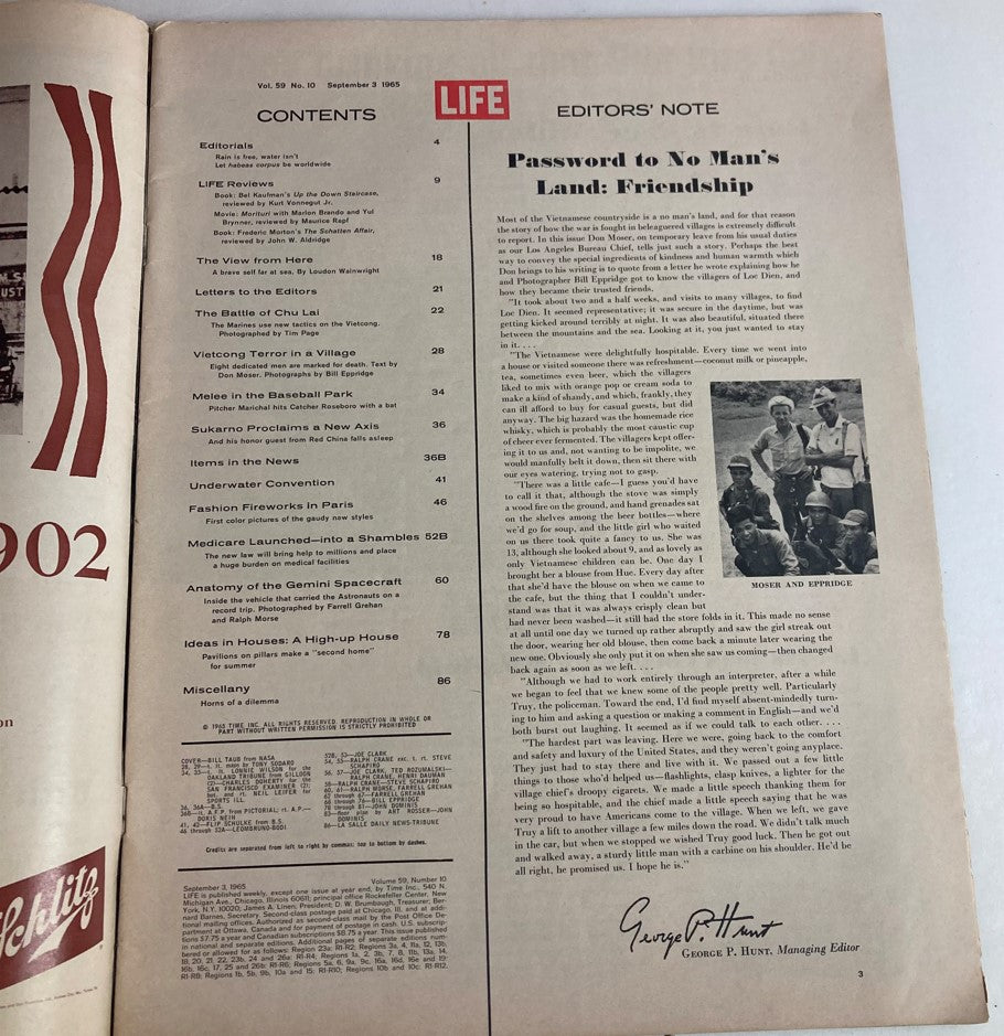 Inside page of VTG Life Magazine September 3 1965 Vol 59 No. 10, detailing articles including Anatomy of the Gemini spacecraft.