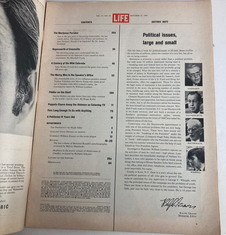 Contents page of VTG Life Magazine October 31 1969, highlighting the feature article on the marijuana debate and other political topics relevant to the era.