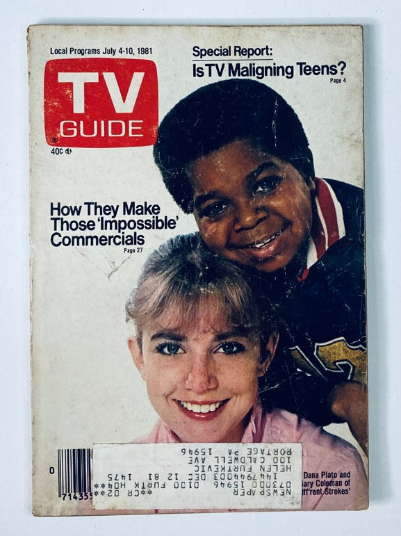 Cover of TV Guide Magazine from July 4, 1981, featuring stars Dana Plato and Gary Coleman, promoting insights into 1980s television programming and family sitcoms. This collectible edition is a unique find for nostalgia and media enthusiasts.