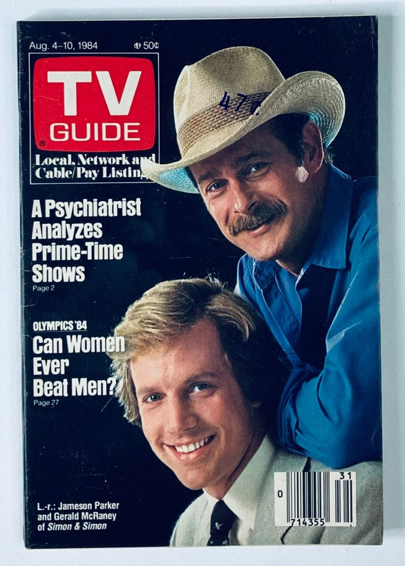 TV Guide Magazine August 4 1984 featuring Jameson Parker and Gerald McRaney on the cover, showcasing a snapshot of 1980s television history with articles on prime-time shows and coverage of the Olympics.