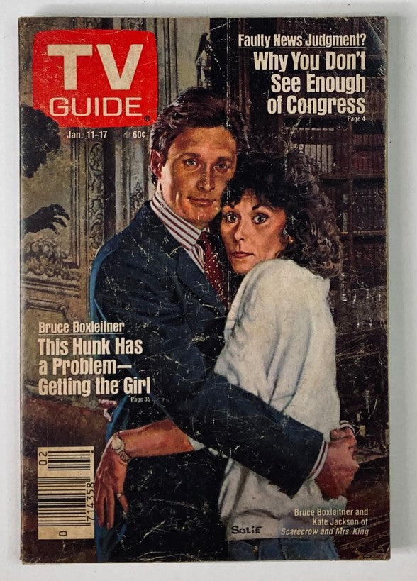 Cover of TV Guide Magazine from January 11, 1986, featuring Bruce Boxleitner and a female co-star, highlighting the title 'This Hunk Has a Problem - Getting the Girl.' The magazine showcases the vibrant television culture of the 1980s.