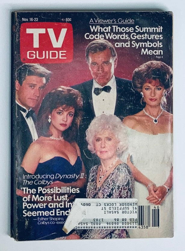 TV Guide Magazine November 16, 1985 featuring Dynasty II: The Colbys, showcasing cast members on the cover with a vintage design, ideal for collectors and fans of 1980s television.