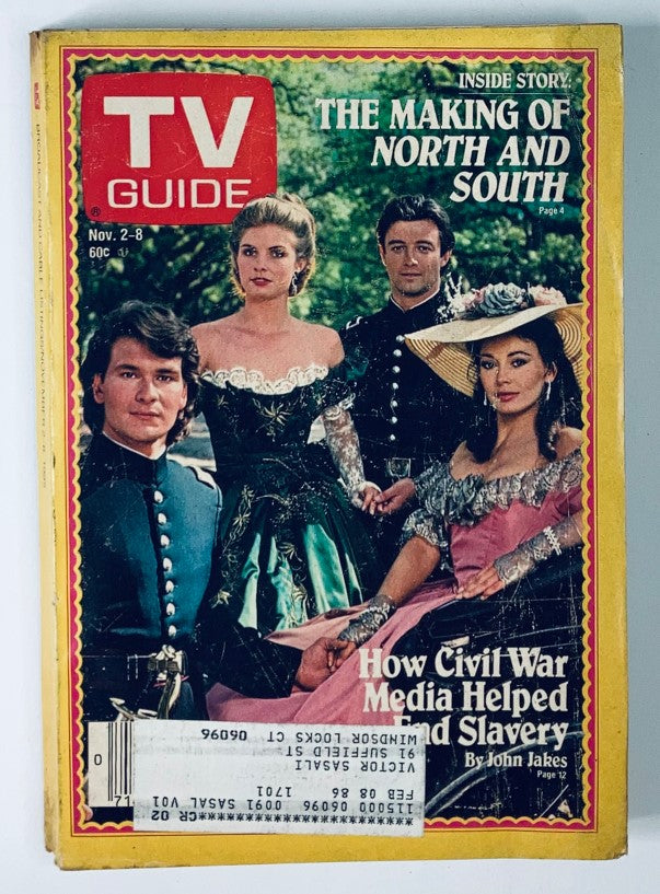 Cover of TV Guide Magazine November 2 1985 featuring 'North and South' with four characters dressed in 19th-century attire, highlighting the making of the popular miniseries.