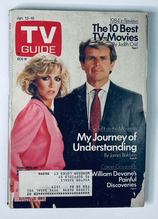 Cover of TV Guide Magazine January 12, 1985, featuring Donna Mills and William Devane. The magazine highlights 1984 in review and articles such as 'My Journey of Understanding' and 'The 10 Best TV-Movies'.