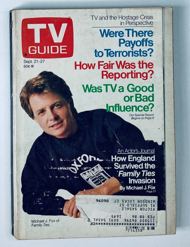 TV Guide Magazine September 21 1985 featuring Michael J. Fox on the cover, showcasing articles on television history and the impact of shows like Family Ties.