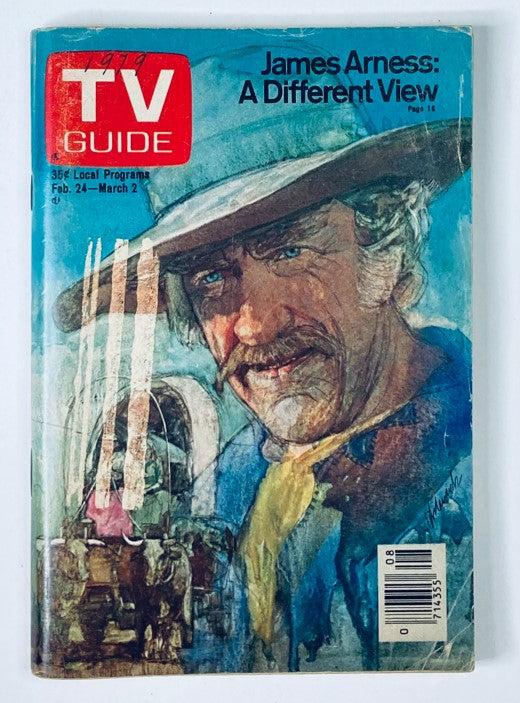 TV Guide Magazine February 24 1979 featuring James Arness on the cover with the title 'James Arness: A Different View'. The magazine showcases a vintage illustration of Arness, known for his role in 'Gunsmoke', highlighting the television landscape of the late 1970s.