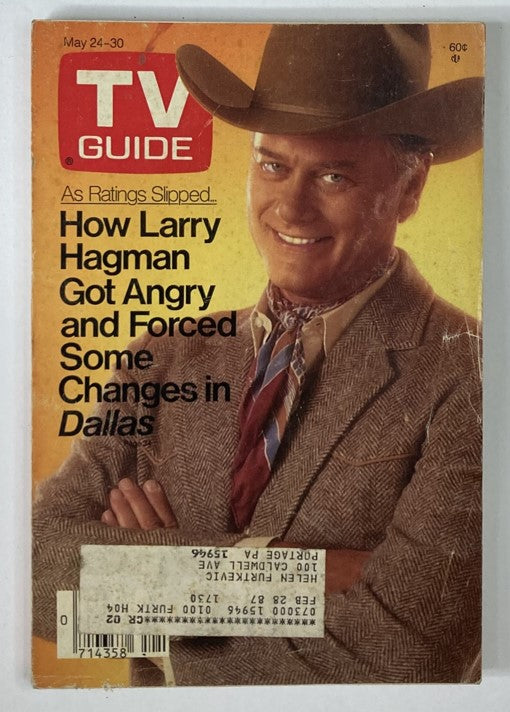 TV Guide Magazine cover from May 24, 1986 featuring Larry Hagman. The cover highlights the article 'How Larry Hagman Got Angry and Forced Some Changes in Dallas,' showcasing the iconic actor in a cowboy hat with a warm smile, reflecting the vintage style of 1980s television.