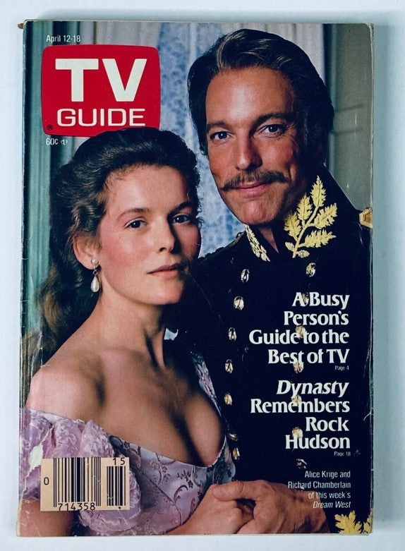 TV Guide Magazine cover from April 12, 1986 featuring Richard Chamberlain and Alice Krige, showcasing a vibrant vintage design with elements highlighting mid-1980s television and pop culture.