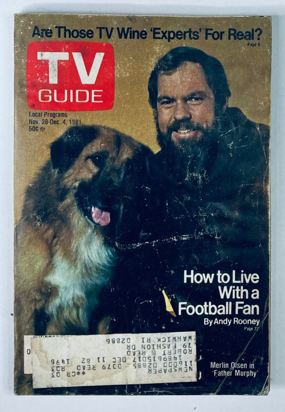 Cover of TV Guide Magazine from November 28, 1981 featuring Merlin Olsen in 'Father Murphy', with an article by Andy Rooney and a dog on the cover.