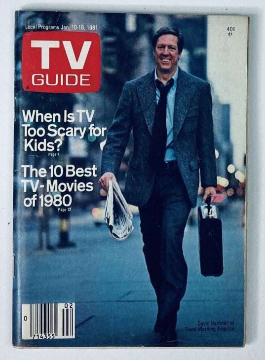 Cover of TV Guide Magazine from January 10, 1981, featuring David Hartman, best known for his role in Good Morning America. The cover includes articles on TV-related topics such as 'When is TV Too Scary for Kids?' and 'The 10 Best TV Movies of 1980.' A glimpse into the early 80s television culture, ideal for collectibles enthusiasts.