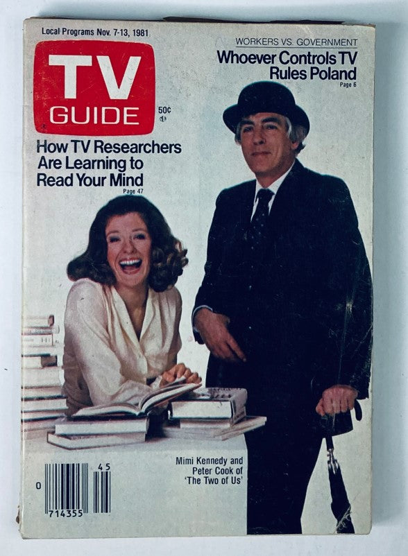 TV Guide Magazine cover from November 7, 1981 featuring Mimi Kennedy and Peter Cook with the title 'How TV Researchers Are Learning to Read Your Mind.' This vintage magazine captures the essence of popular TV shows and culture in the early '80s.